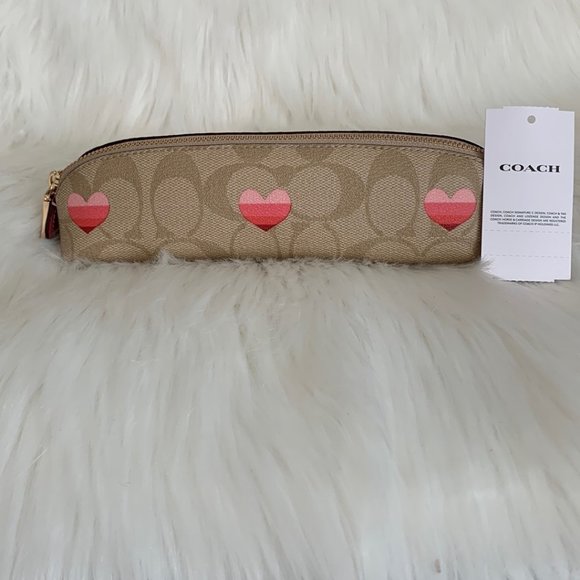 Coach Handbags - COACH Signature Heart Striped Pencil/Brush Case in Light Khaki/Pink